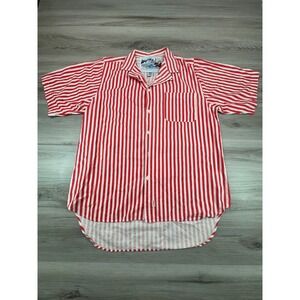 VTG 80s Leggoons Red White Candy Striped Button Up Shirt Funny Novelty Label L
